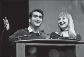  ?? CHRIS PIZZELLO, INVISION/AP ?? Kumail Nanjiani, left, and his wife Emily Gordon, the co-writers of “The Big Sick,” discuss the film during the Amazon Studios presentati­on at CinemaCon 2017 at Caesars Palace on March 30, 2017, in Las Vegas. Nanjiani also stars in the film.