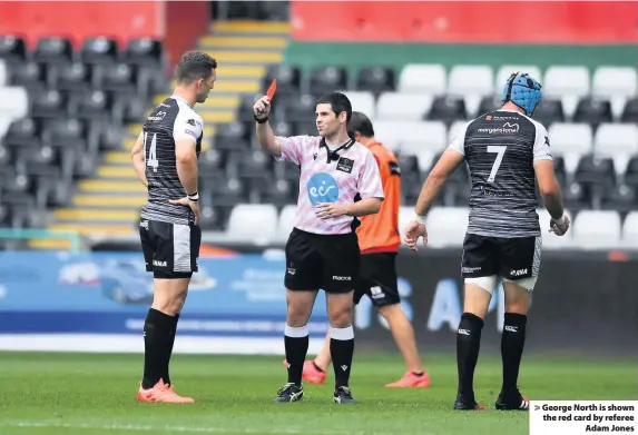  ??  ?? > George North is shown the red card by referee Adam Jones