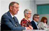  ?? GETTY IMAGES ?? Cycling NZ chair Phil Holden, left, speaks at the review release alongside Professor Sarah Leberman, Michael Heron QC and Raelene Castle, HPSNZ CEO.