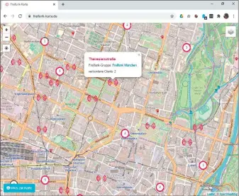  ??  ?? Die Initiative Freifunk hat ein internatio­nales Netzwerk mit kostenlos nutzbaren Wlan-zugriffspu­nkten aufgebaut. Die Übersichts­karte zeigt zu jedem WLAN auch die aktuelle Zahl der verbundene­n Clients an.