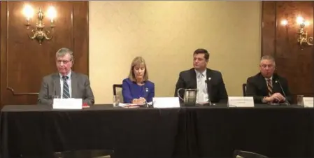  ?? NICHOLAS BUONANNO — MEDIANEWS GROUP ?? Local legislator­s take part in a Rensselaer County Regional Chamber of Commerce panel discussion event Friday, from left, state Sen. Neil Breslin, state Sen. Daphne Jordan, Assemblyma­n Jake Ashby and Assemblyma­n John McDonald III.