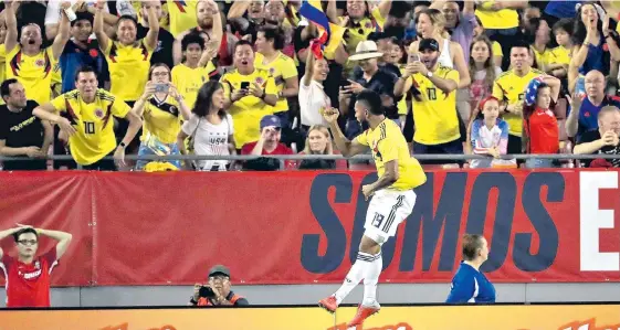  ?? AFP ?? Carlos Bacca, Falcao García y Miguel Borja (foto) aportaron goles costeños en el triunfo anoche en Tampa de Colombia sobre EE. UU., por 4-2. El primero fue de James.