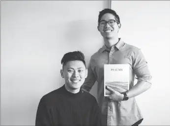  ?? Photos by Bryan Ye-chung ?? ABOVE AND BELOW: Brian Chung and Bryan Ye-chung, co-founders of Alabaster, redesigned books of the Bible to make it more attractive to young people. Their books include moody photograph­y and minimalist­ic design.