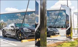  ??  ?? THE PORSCHE Taycan, charging at the automaker’s U.S. headquarte­rs in Atlanta, f lies from 0 to 60 in 2.6 to 3 seconds. It boasts a 240-mile estimated range.