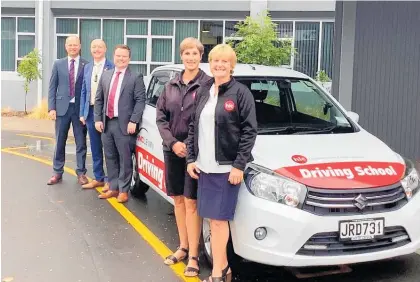  ?? Photo / Supplied ?? Local college principals Grant Congdon, Mark Robinson and Matt Fraser pictured with HLC driving school instructor Natasja Beuck and employment programmes manager Jo Robinson.