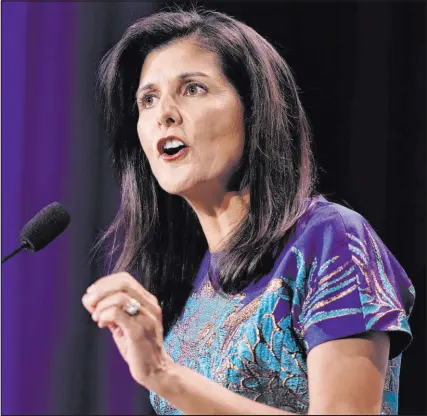  ?? Jim Locher The Associated Press ?? Republican Nikki Haley, who recently announced her 2024 White House run, brings a refreshing splash of color to the presidenti­al contest. Haley is a woman of color and the daughter of Indian immigrants.