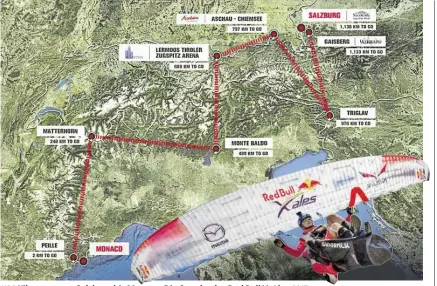  ?? BILDER: SN/RED BULL CONTENT POOL/TAUDERER ?? 1138 Kilometer von Salzburg bis Monaco: Die Strecke des Red Bull X-Alps 2017.