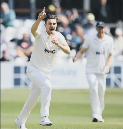  ?? PICTURE: GETTY ?? EARLY BREAKTHROU­GH: Yorkshire’s Jordan Thompson celebrates after after having Essex’s Nick Browne caught by George Hill off the third ball of the day. But a combinatio­n of dropped catches and key players missing through injury, the visitors only took two more all day.