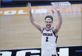  ?? AJ MAST - THE ASSOCIATED PRESS ?? Gonzaga forward Drew Timme (2) reacts to the crowd cheering after defeating Oklahoma in a college basketball game in the second round of the NCAA tournament at Hinkle Fieldhouse in Indianapol­is, Monday, March 22, 2021.