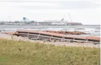  ?? STU NEATBY • SALTIRE NETWORK ?? Sections of the Souris Boardwalk are upended on October 14, 2022, weeks after last fall’s post-tropical storm Fiona. The storm brought a heightened awareness to the topic of shoreline protection.