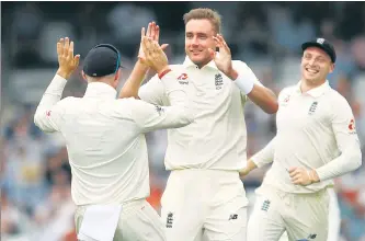  ?? REUTERS ?? England’s Stuart Broad celebrates after taking the wicket of Pakistan’s Usman Salahuddin.