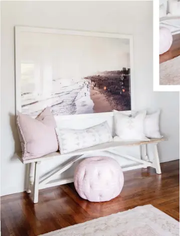  ??  ?? OPPOSITE, LEFT A huge sidelight by the front door means the entryway of the 1930s-style ranch house is flooded with natural light. The blush hue of the front door and the funky little faceted-wood table let visitors know they’re entering a beachy and contempora­ry home.
TABLE, Overdyed.