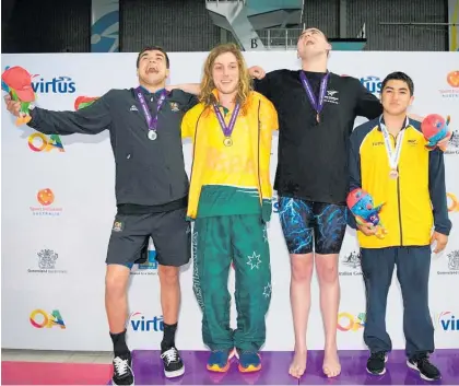  ?? Photo / Sport Inclusion Australia, Deion Menzies ?? New Zealand’s Finn Russ, Australia’s Jakob Thompson, Napier’s Lance Dustow and Columbia’s Nicolas Vivas share the podium for themen’s 100m freestyle II3.