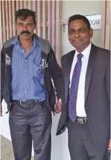  ??  ?? Rajneel Roy Prasad (left) was acquitted by the Navua Magistrate­s Court on June 4, 2020, for dangerous driving. His lawyer, Jeetendra Reddy, is on the right.