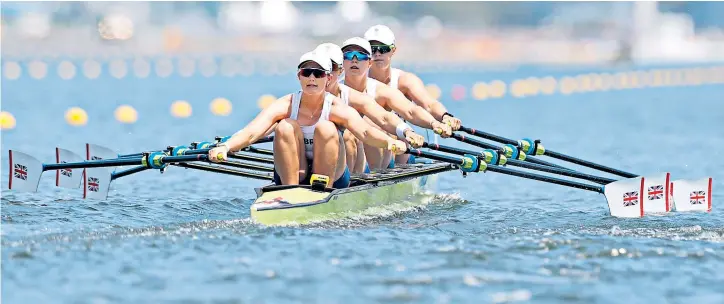  ??  ?? Second chance: Lucy Glover, Charlotte and Mathilda Hodgkins-byrne and Hannah Scott of Team GB could only finish third in the first heat of the quadruple sculls at Sea Forest Waterway and will now go into tomorrow’s repechage