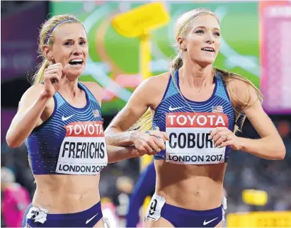  ?? DAVID J. PHILLIP/ASSOCIATED PRESS ?? Emma Coburn, right, celebrates with former New Mexico Lobo Courtney Frerichs after Coburn won the gold medal and Frerichs won the silver in the steeplecha­se during the world championsh­ips in London on Friday.