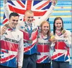  ??  ?? James Guy, Adam Peaty, Anna Hopkin and Scotland’s Kathleen Dawson celebrate