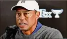  ?? Ronald Martinez / Getty Images ?? Tiger Woods speaks Tuesday at a news conference prior to the Genesis Invitation­al at Riviera.