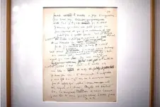  ?? ?? A framed slip of an original manuscript of Celine’s novel ‘Guerre’ (War).