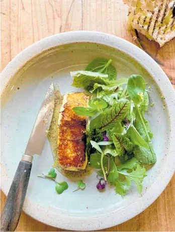  ?? ?? Pictured clockwise from left: Honey-Drenched Haloumi, Spring Greens and Bread Salad with Pan-Fried Halloumi; and Sprouting Broccoli and Halloumi.