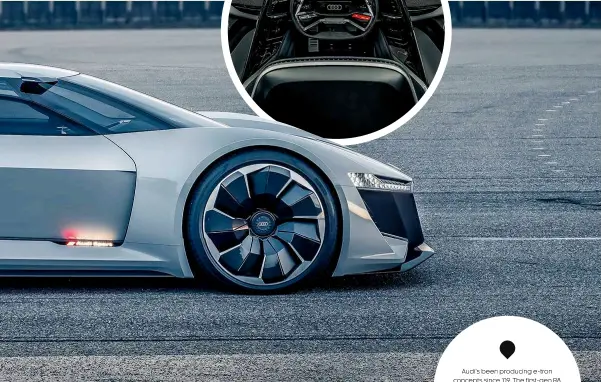  ??  ?? Audi’s been producing e-tron concepts since ’09. The first-gen R8 e-tron was quickly canned in 2013 due to disappoint­ing range. The MkII R8 launched with a 456bhp ’leccy version, but fewer than 100 of the $1m special-order EVs were ever built