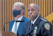  ?? CRAIG RUTTLE / AP ?? New York City Police Chief of Department Rodney Harrison speaks Wednesday, as he is joined by Manhattan District Attorney Cy Vance, regarding the arrest of a suspect Brandon Elliot, 38, who is accused of attacking Vilma Kari, 65, on a city street Monday.