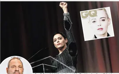  ??  ?? Rose McGowan hat viel Mut bewiesen und den Skandal rund um Harvey Weinstein (Kreis) ins Rollen gebracht, dafür wird sie jetzt mit dem „GQ“-Inspiratio­ns-Award geehrt