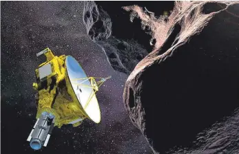  ?? FOTO: STEVE GRIBBEN/NASA/JHUAPL/SWRI/DPA ?? Rendezvous im All: Eine grafische Darstellun­g der geplanten Begegnung der Nasa-Sonde „New Horizons“(links) mit dem „Ultima Thule“genannten Objekt im sogenannte­n Kuipergürt­el.