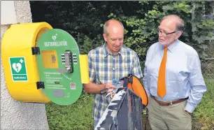  ??  ?? Tony Dalgaty and Robin Dodman from Ardchattan Community Council inspect the defibrilla­tor.