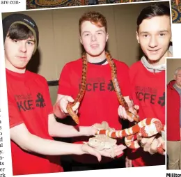  ??  ?? Milltown students Shona Mangan, Anna O’Connor, Beth Hawly, Anna Griffin, Archie Galwey meet the slithery reptiles with their teacher Mark Hanly and Kerry County Council Filmmaker in Residence Mieke Van Mechelan