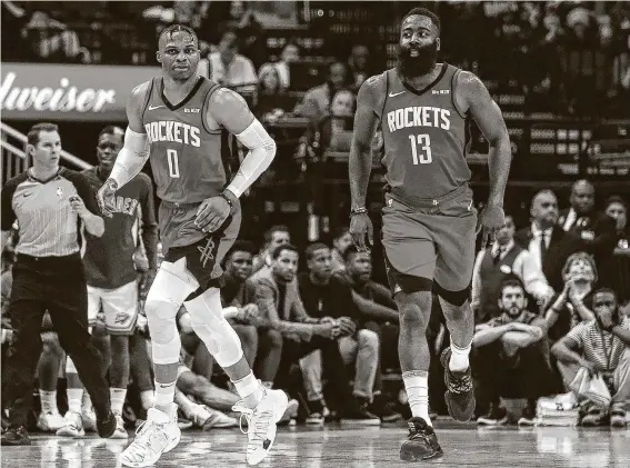  ?? Jon Shapley / Staff photograph­er ?? Rockets guards RussellWes­tbrook and James Harden are high-priced leaders that new general manager Rafael Stone says the team will continue to build around.