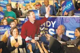  ?? Dylan Lovan Associated Press ?? DEMOCRAT ANDY BESHEAR speaks to supporters in Louisville, Ky., on Monday. With 100% of returns tallied, he appeared to top incumbent Gov. Matt Bevin.