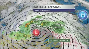  ?? WSI ?? Last Thursday’s satellite/radar composite shows the inland track of the fall storm and the position of the blocking high-pressure system. The resulting wind direction was south-east to south-west across the region.