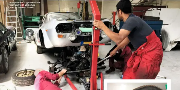  ??  ?? Ross separates Zagato subframe from body with a little help from his new best friends