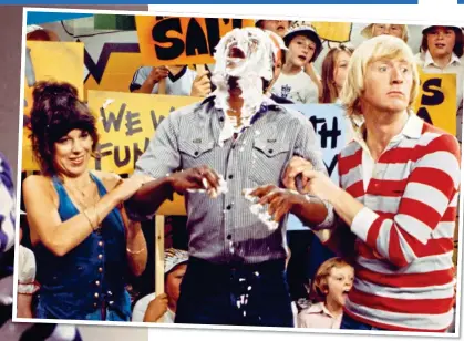  ?? ?? PIE-EYED: Lenny Henry gets a custard pie in the face on Tiswas, with fellow presenters Sally James and Chris Tarrant. Left: Tarrant flings a bucket of water