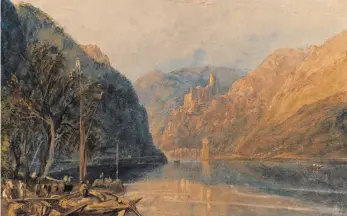  ??  ?? Ein Aquarell von William Turner aus dem Jahr 1817 zeigt eine Ansicht von Sankt Goarshause­n und der Burg Katz. Vom gleichen Standpunkt aus bietet sich dem Betrachter heute das rechte Bild.