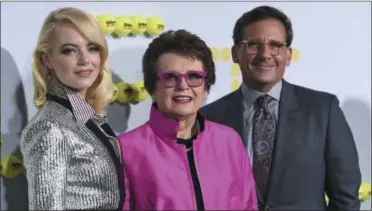  ?? THE ASSOCIATED PRESS ?? From left, Emma Stone, from left, tennis great Billie Jean King and Steve Carell arrive at the Los Angeles premiere of “Battle of the Sexes” Saturday in Los Angeles. Stone portrays King in the film.