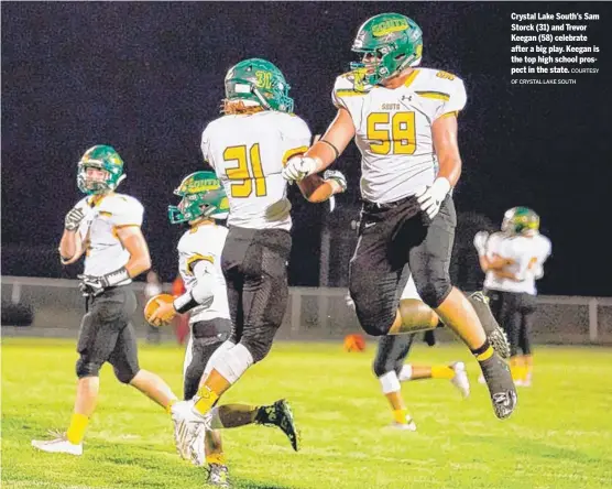  ?? COURTESY
OF CRYSTAL LAKE SOUTH ?? Crystal Lake South’s Sam Storck (31) and Trevor Keegan (58) celebrate after a big play. Keegan is the top high school prospect in the state.