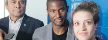  ?? THE CANADIAN PRESS ?? Impact executive vice-president Richard Legendre, left, United 2026 bid ambassador Patrice Bernier and Coun. Rosannie Filato speak Wednesday after the awarding of the 2026 World Cup.