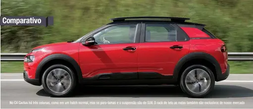  ??  ?? No C4 Cactus há três colunas, como em um hatch normal, mas os para-lamas e a suspensão são de SUV. O rack de teto as rodas também são exclusivos de nosso mercado