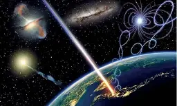  ?? ?? Artist’s impression of the Amataresu particle. When ultra-high-energy cosmic rays hit Earth’s atmosphere, they initiate a cascade of secondary particles and electromag­netic radiation. Photograph: Osaka Metropolit­an University/Kyoto University/Ryuunosuke Takeshige/PA