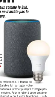  ??  ?? L’Echo Plus intègre Zigbee et pilote directemen­t les ampoules Hue de Philips.