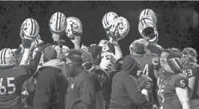  ?? COURTNEY HERGESHEIM­ER/COLUMBUS DISPATCH ?? Desales celebrates a playoff win over Jonathan Alder on Oct. 30.