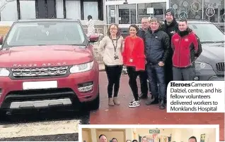  ??  ?? Heroes Cameron Dalziel, centre, and his fellow volunteers delivered workers to Monklands Hospital