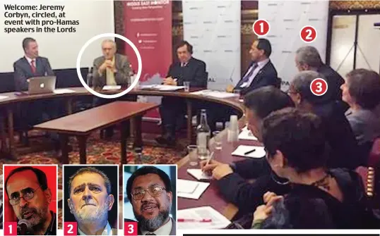  ??  ?? Welcome: Jeremy Corbyn, circled, at event with pro-Hamas speakers in the Lords