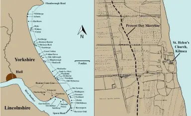  ??  ?? Figure 7 – left: regional map modified from those published in a 1912 book by Thomas Sheppard illustrati­ng the loss of land along the length of the Holderness Peninsula; right – area near Old Kilnsea, one of the lost villages, showing the lands existing around 1820 and the location of the shoreline today