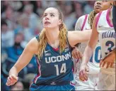  ?? ?? UConn forward Dorka Juhasz (14) battles for a rebound during the No. 4 Huskies’ 60-51 Big East victory over Villanova on Saturday in Villanova, Pa. Juhasz, who played despite spraining an ankle in practice on Friday, should play again when the Huskies host St. John’s tonight in Hartford.