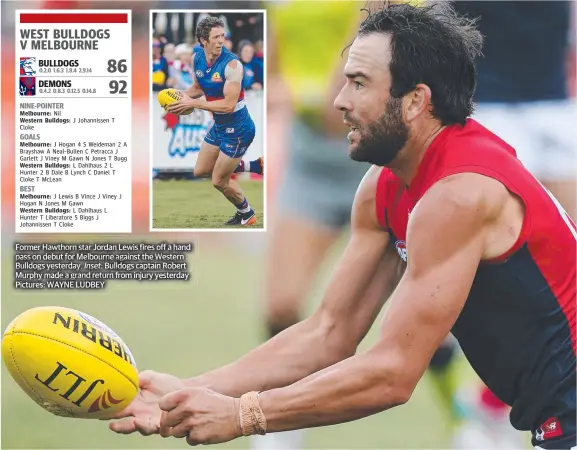  ??  ?? Former Hawthorn star Jordan Lewis fires off a hand pass on debut for Melbo Melbourne ourneurne urne against the Western Bulldogs yesterday. Bulldogs captain Robert Murphy made a grand return from injury yesterday Pictures: WAYNE LUDBEY