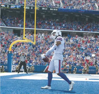  ?? JOSHUA BESSEX/AP ?? The Bills’ Gabriel Davis celebrates his touchdown during the first half of a preseason game against the Broncos on Aug. 20 in Orchard Park, New York.