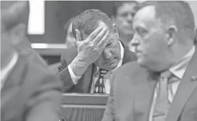  ?? SEAN LOGAN/THE REPUBLIC ?? Doug Brough, father of fatal-shooting victim Colin Brough, wipes his forehead after speaking during the sentencing of Steven Jones on Tuesday at Coconino County Superior Courthouse in Flagstaff.